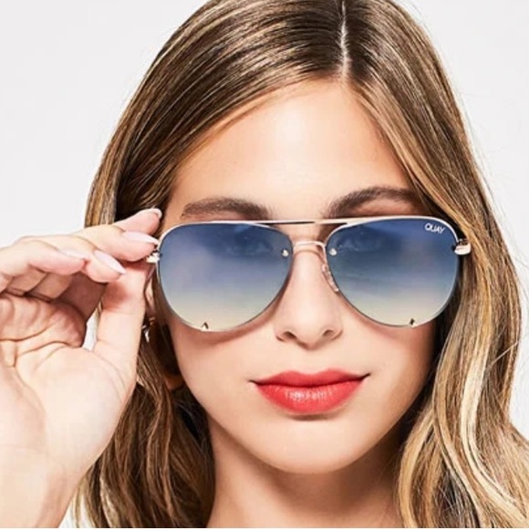 Quay High Key Mini (Large) Aviator Sunglasses Rose Gold Multi Blue New - Picture 3 of 12